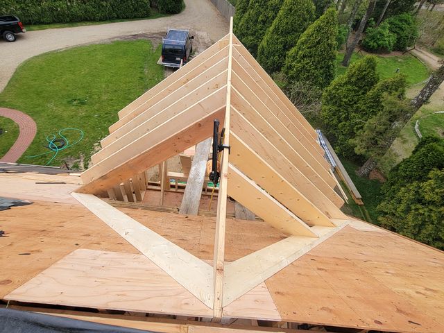 Roof framing and sheathing seen from above